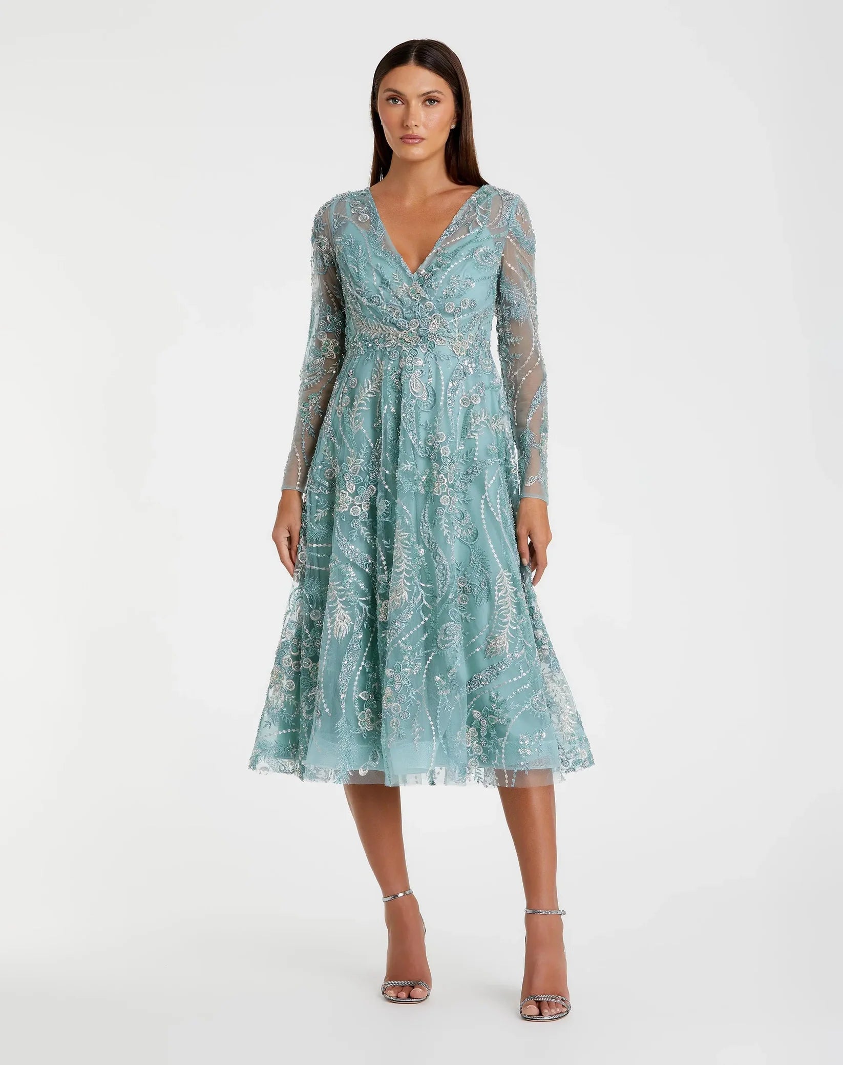 Mac Duggal 68915 Seafoam floral embroidered V neck long sleeve midi dress - front