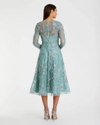Mac Duggal 68915 Seafoam floral embroidered V neck long sleeve midi dress - back