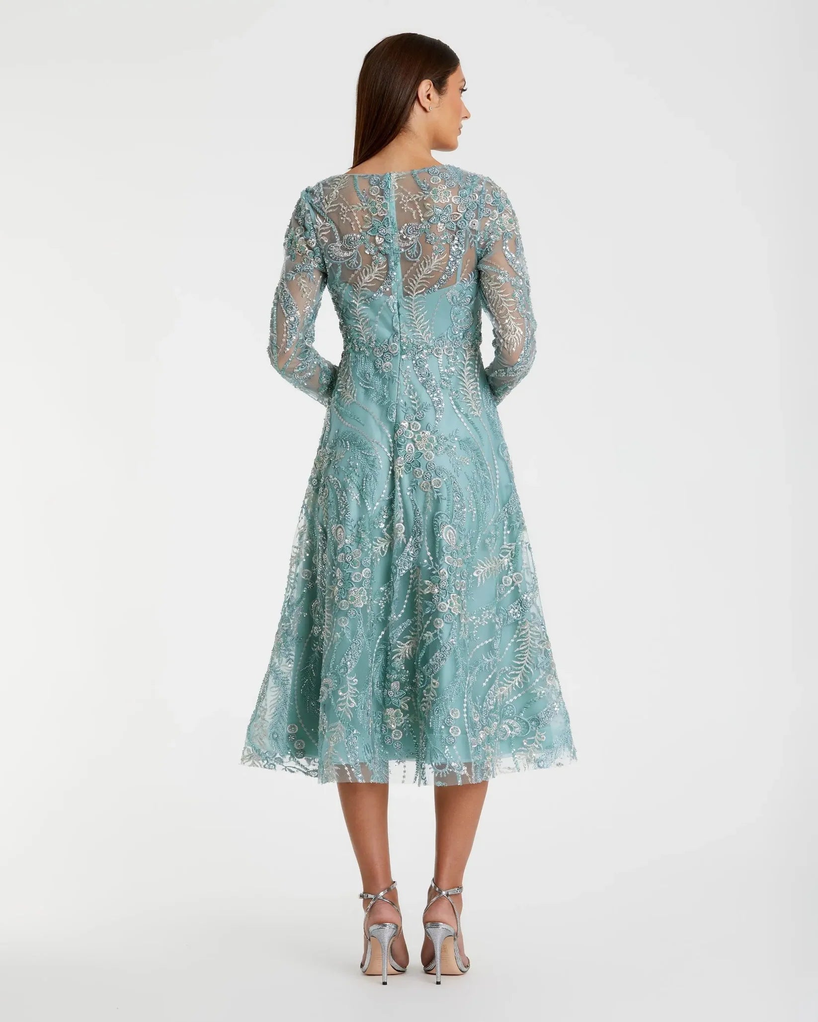 Mac Duggal 68915 Seafoam floral embroidered V neck long sleeve midi dress - back