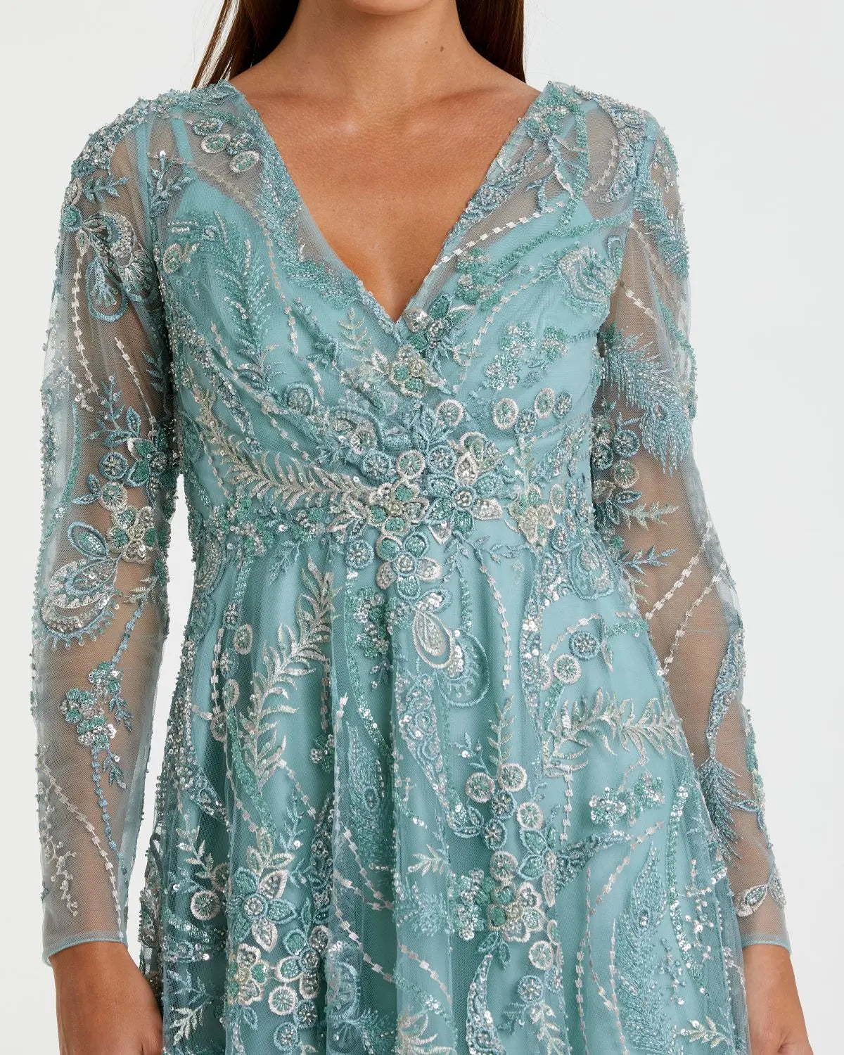 Mac Duggal 68915 Seafoam floral embroidered V neck long sleeve midi dress - detail
