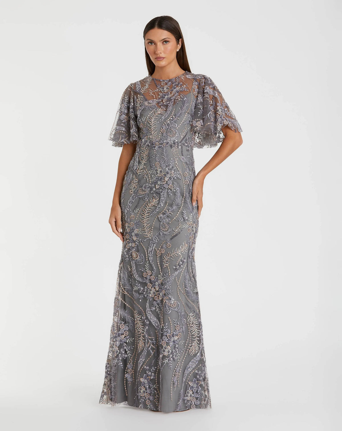 Mac Duggal 68918 Charcoal high neck flutter sleeve embroidered gown - Front
