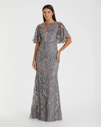 Mac Duggal 68918 Charcoal high neck flutter sleeve embroidered gown - Front
