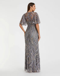 Mac Duggal 68918 Charcoal high neck flutter sleeve embroidered gown - Back view