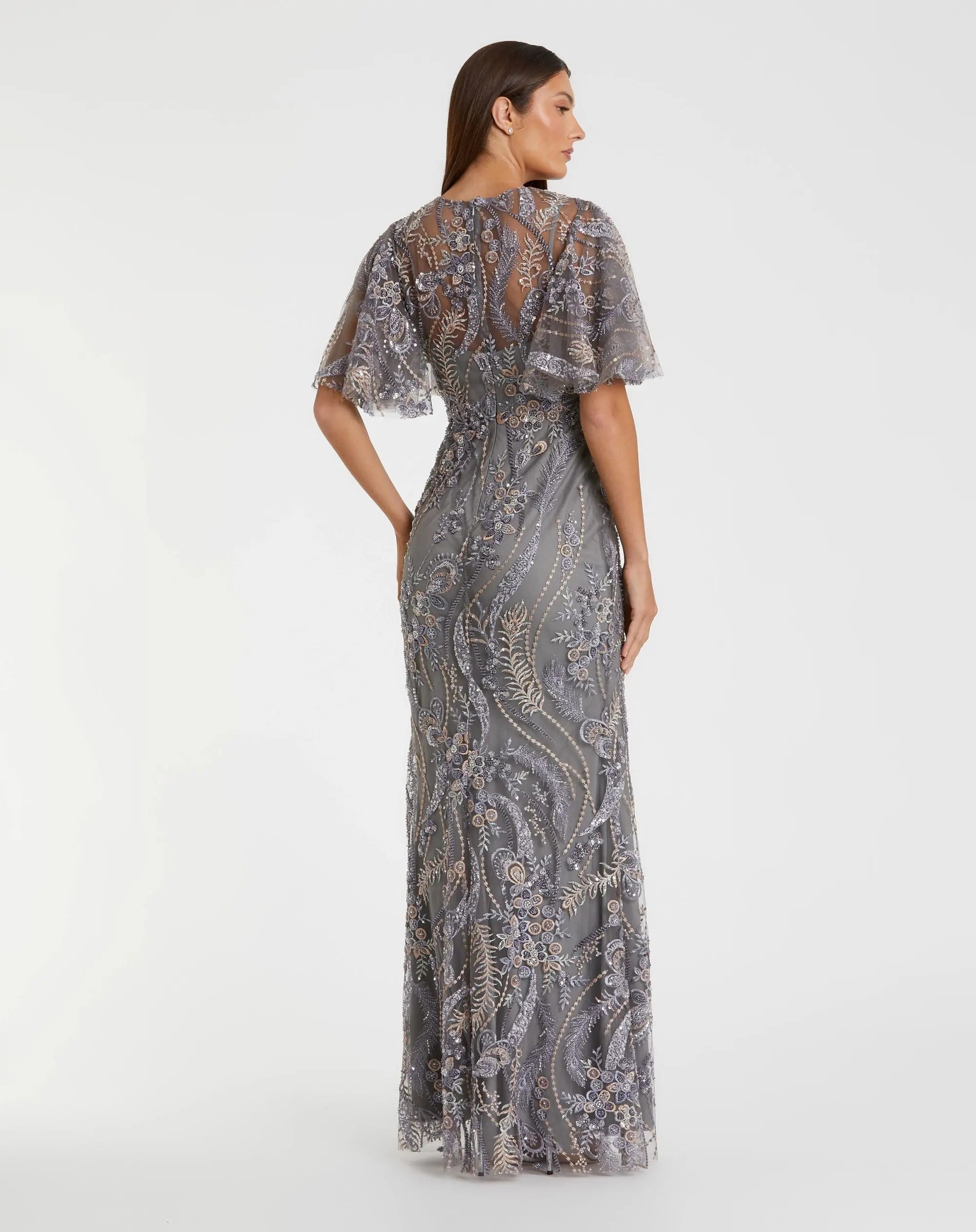 Mac Duggal 68918 Charcoal high neck flutter sleeve embroidered gown - Back view