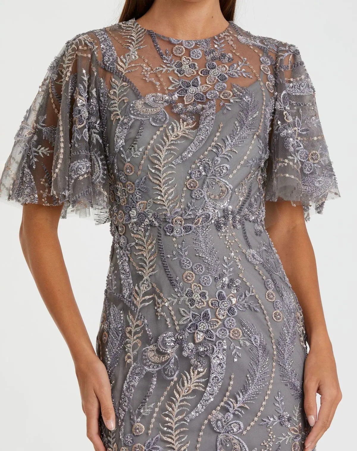 Mac Duggal 68918 Charcoal high neck flutter sleeve embroidered gown - Close up detail