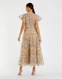 Beige Flutter Sleeve Butterfly Embroidered Maxi Dress - Back