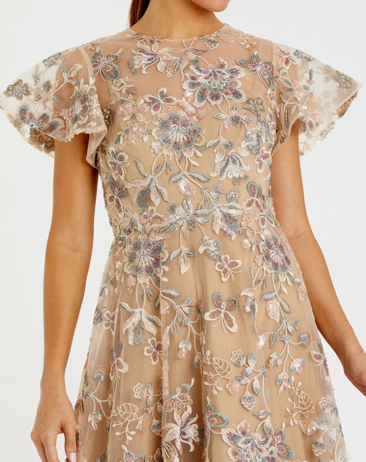 Beige Flutter Sleeve Butterfly Embroidered Maxi Dress - Close Up