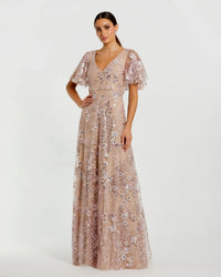 Mac Duggal 68922 Rose Pink lace embellished flutter sleeve A line gown - front