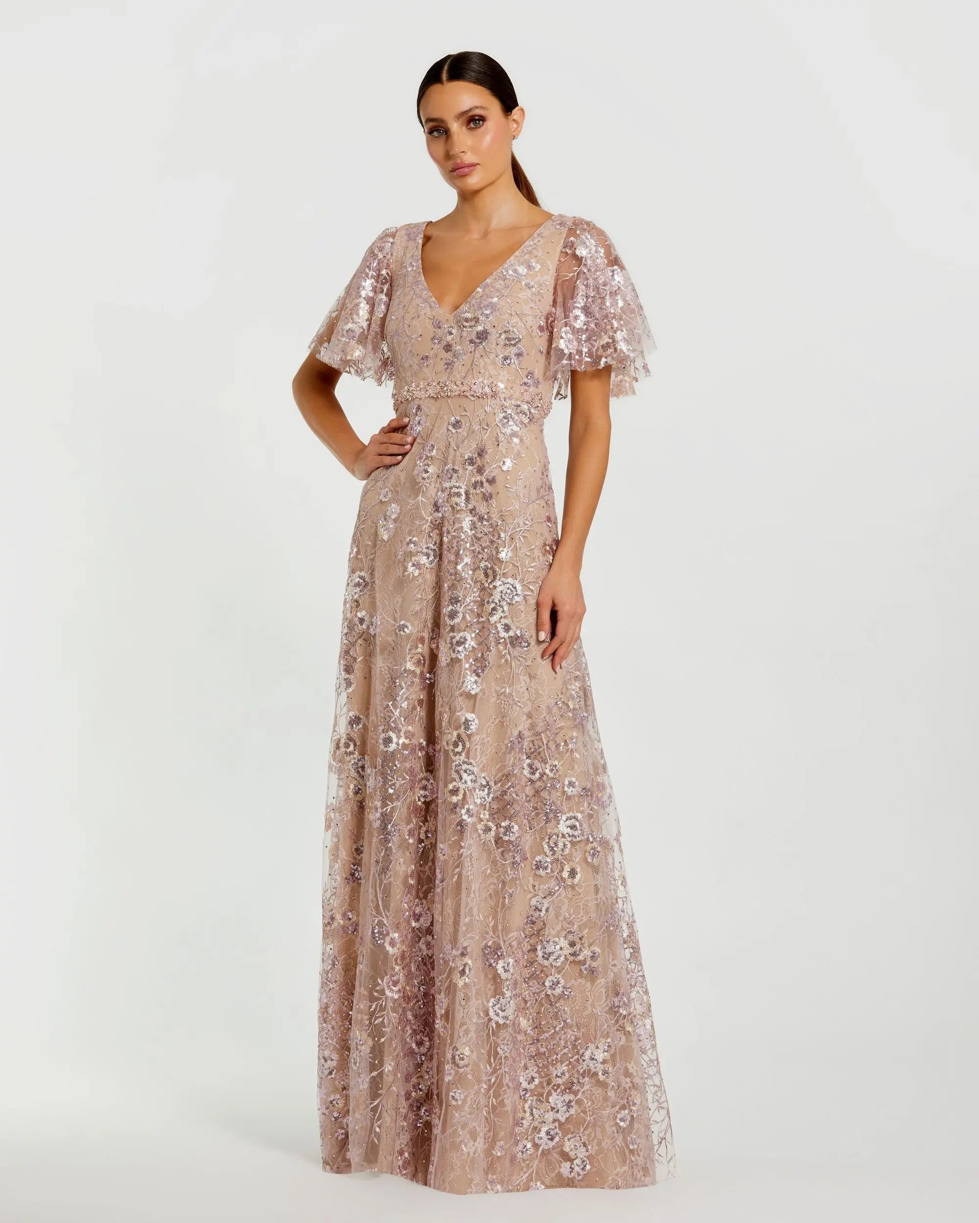Mac Duggal 68922 Rose Pink lace embellished flutter sleeve A line gown - front