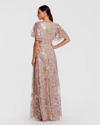 Mac Duggal 68922 Rose Pink lace embellished flutter sleeve A line gown - back