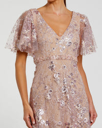 Mac Duggal 68922 Rose Pink lace embellished flutter sleeve A line gown - detail