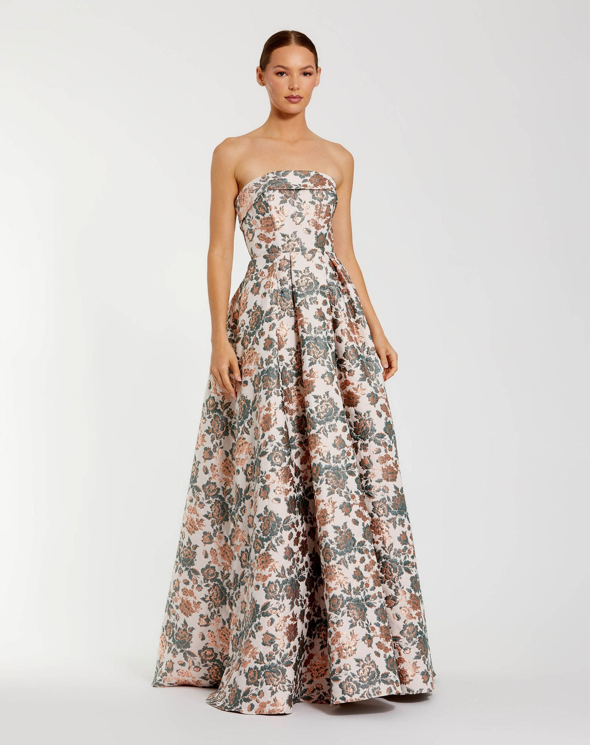 Strapless Floral BrocaMac Duggal #68945 Strapless Floral Brocade Ball Gown Gold Multi
