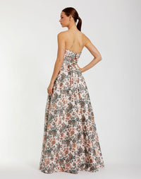 Strapless Floral Brocade Ball Gown - Gold Multi
