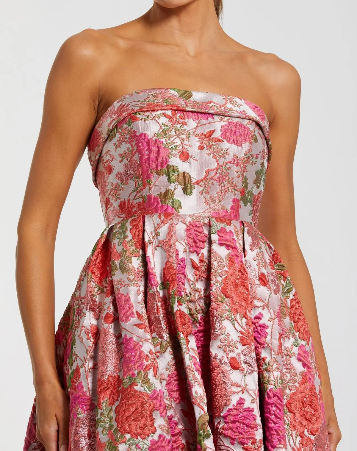 Mac Duggal 68946 Pink Multi Sleeveless Floral Printed Organza Gown with Tiered Ruffle Skirt