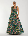 Mac Duggal Green Ruffle Shoulder V-Neck Printed Chiffon Gown #68947 