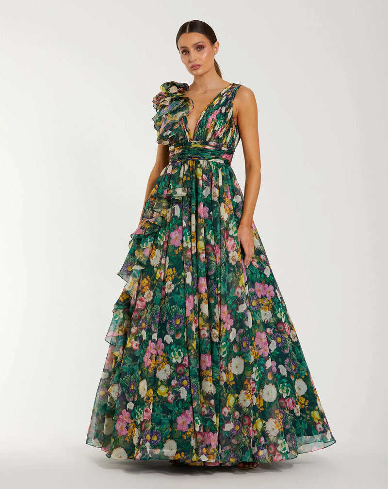 Mac Duggal Green Ruffle Shoulder V-Neck Printed Chiffon Gown #68947 