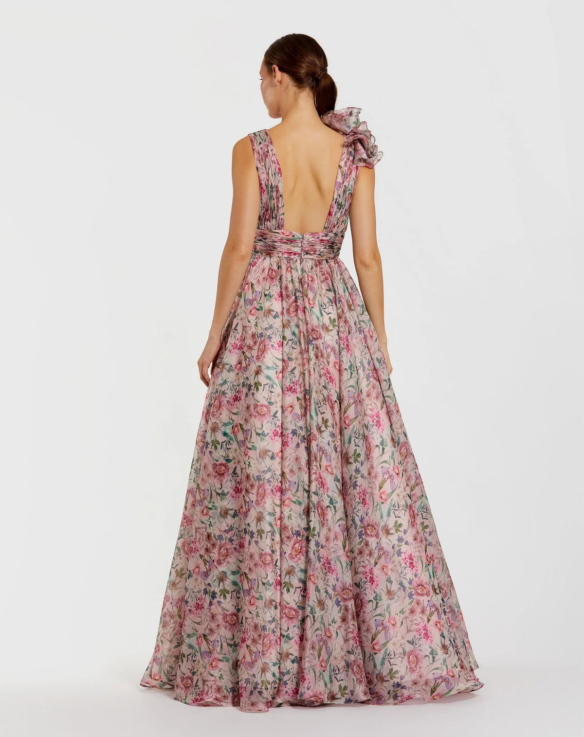 Mac Duggal #68947 pink multi printed chiffon gown - back
