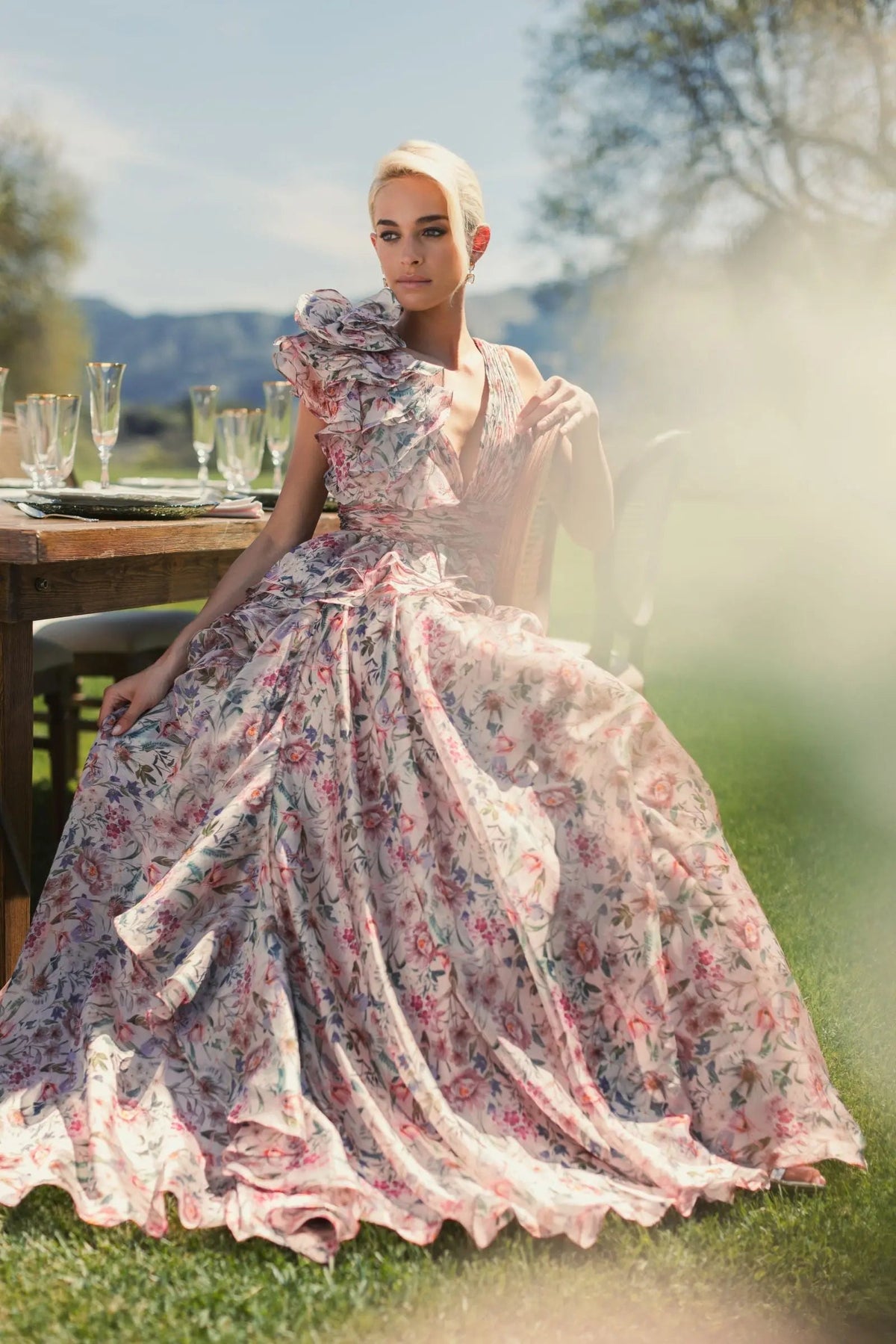 Mac Duggal #68947 pink multi printed chiffon gown - lifestyle alt