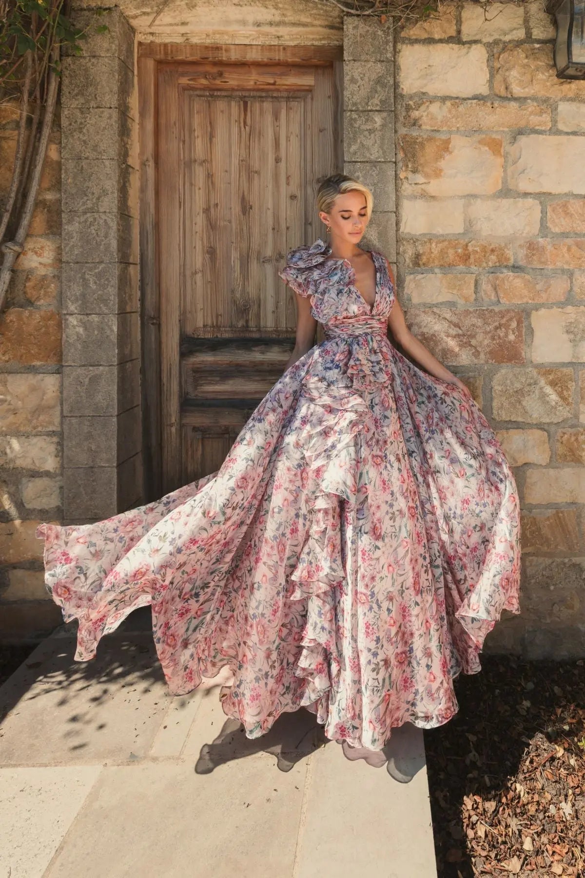 Mac Duggal #68947 pink multi printed chiffon gown - lifestyle