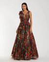 Ruffle Shoulder V-Neck Printed Chiffon Gown - Wine