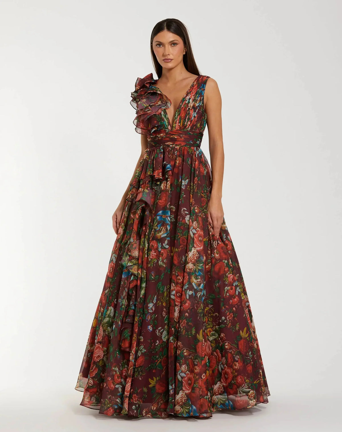 Ruffle Shoulder V-Neck Printed Chiffon Gown - Wine