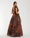 Ruffle Shoulder V-Neck Printed Chiffon Gown - Wine