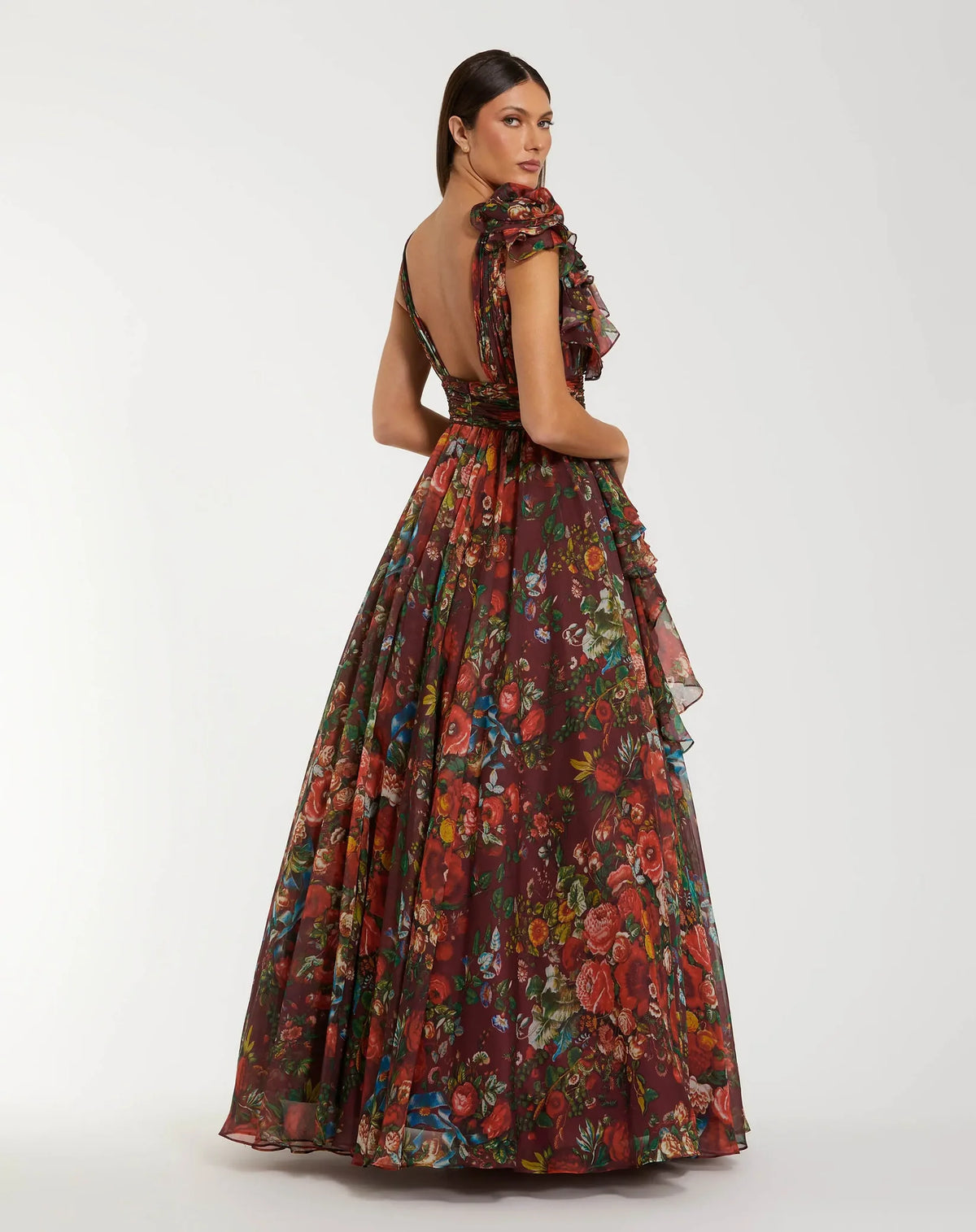 Ruffle Shoulder V-Neck Printed Chiffon Gown - Wine