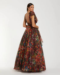Ruffle Shoulder V-Neck Printed Chiffon Gown - Wine