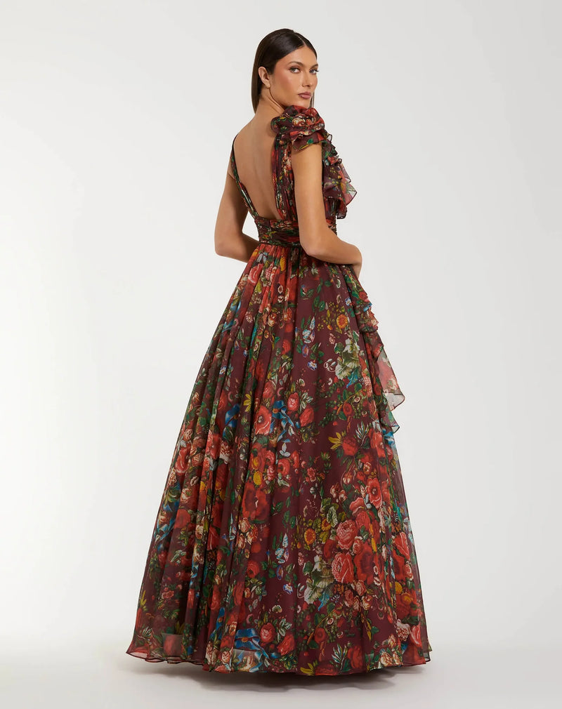 Ruffle Shoulder V-Neck Printed Chiffon Gown - Wine