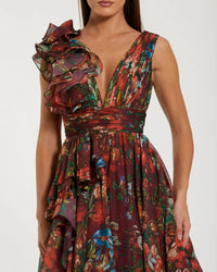 Ruffle Shoulder V-Neck Printed Chiffon Gown - Wine