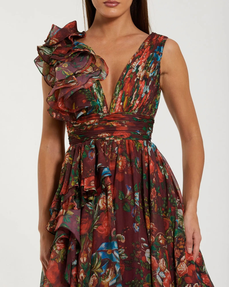 Ruffle Shoulder V-Neck Printed Chiffon Gown - Wine