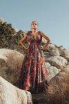 Ruffle Shoulder V-Neck Printed Chiffon Gown - Wine