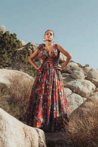Ruffle Shoulder V-Neck Printed Chiffon Gown - Wine