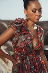 Ruffle Shoulder V-Neck Printed Chiffon Gown - Wine