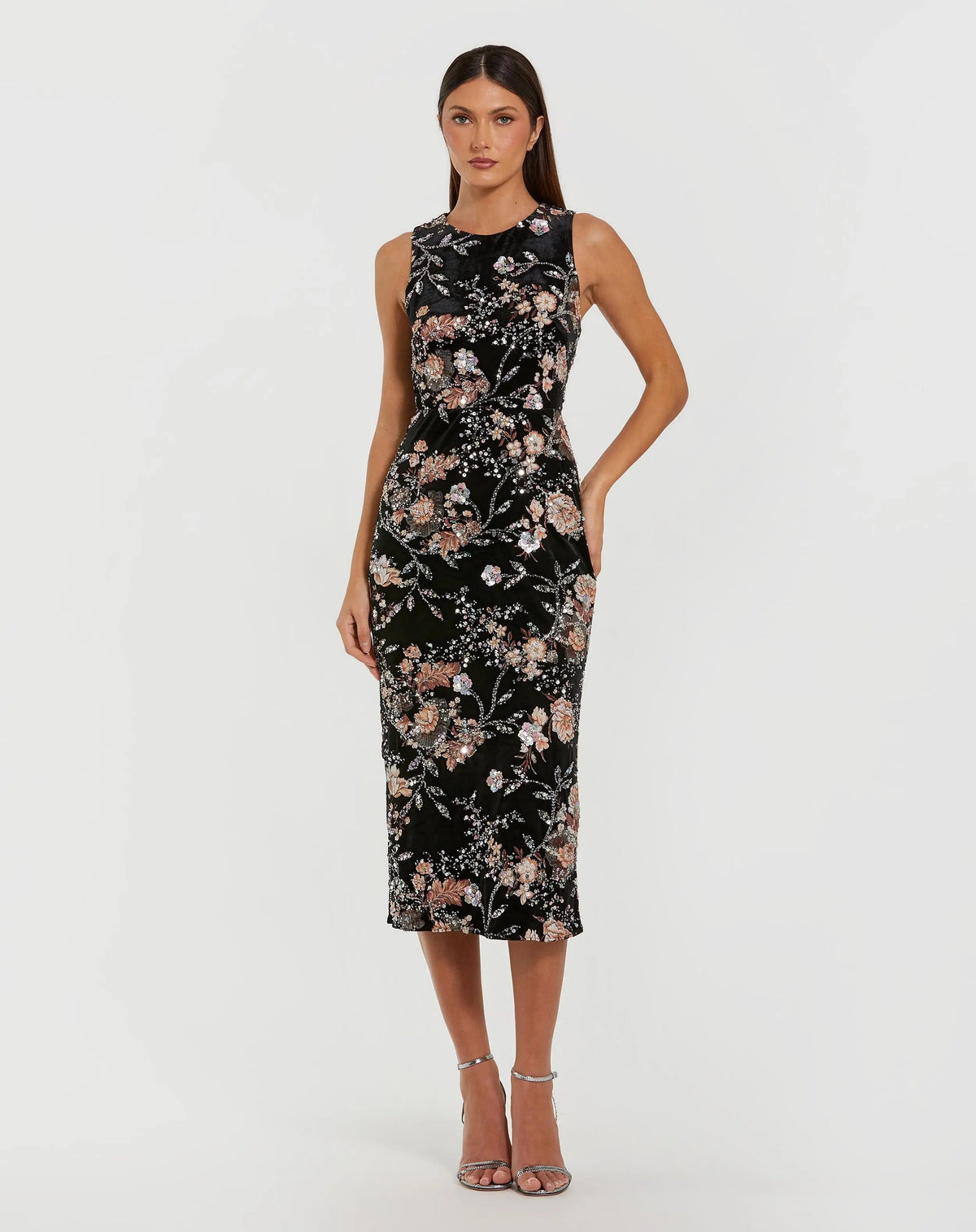 Mac Duggal 68958 Black Multi velvet high neck sequined midi dress - Front