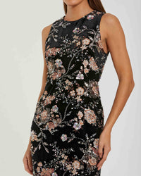 Mac Duggal 68958 Black Multi velvet high neck sequined midi dress - Close up detail