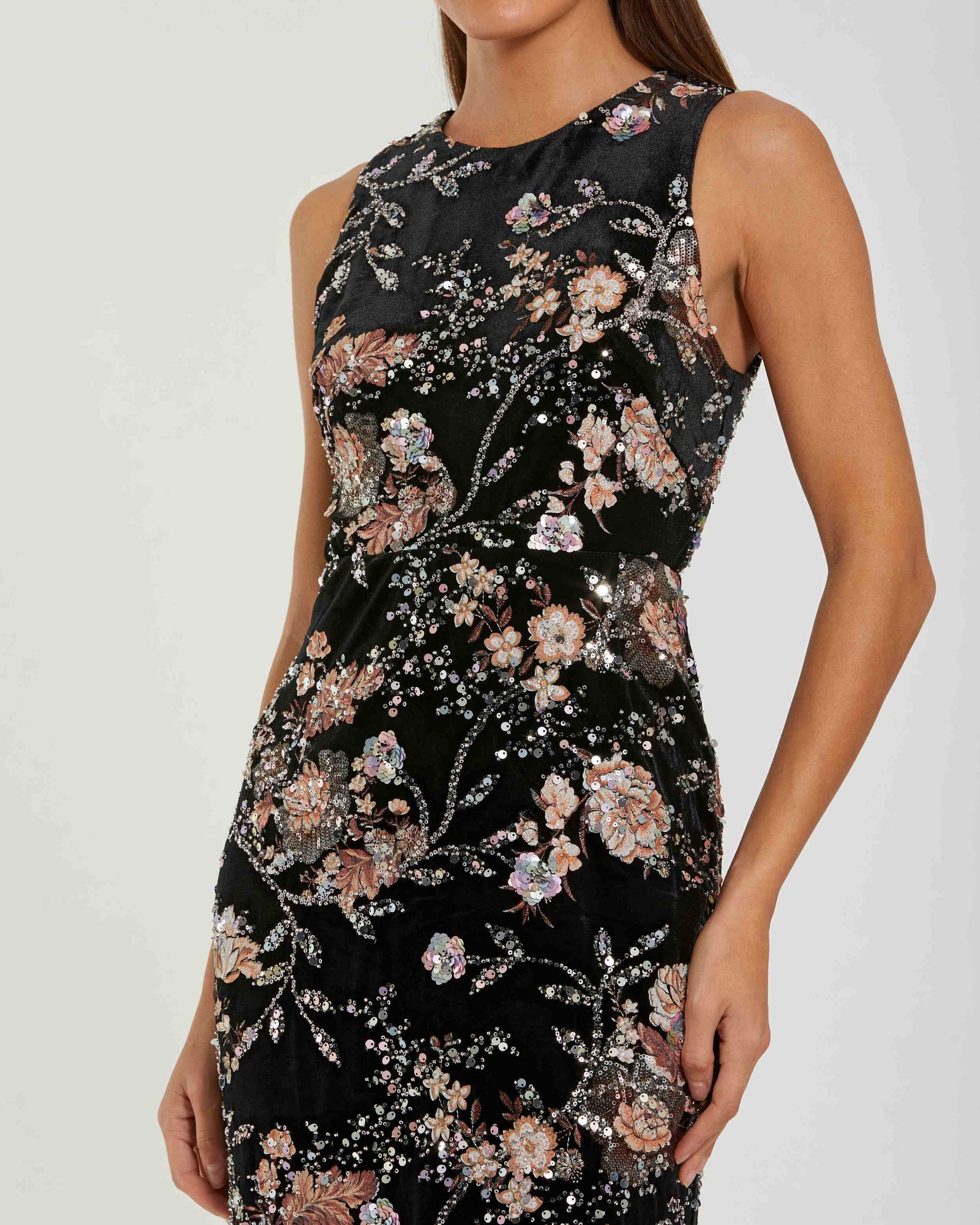 Mac Duggal 68958 Black Multi velvet high neck sequined midi dress - Close up detail
