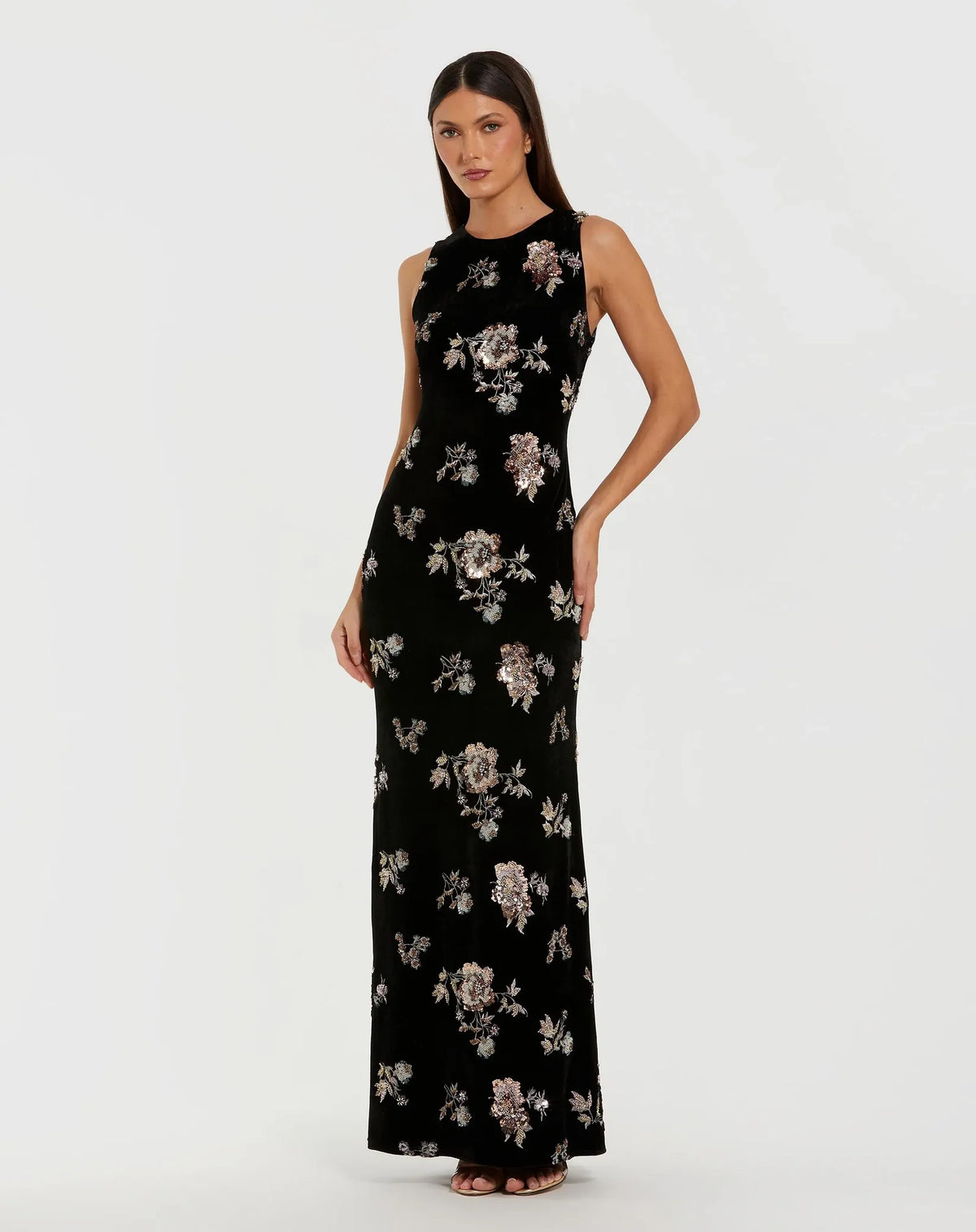 Sleeveless Floral Embellished Velvet Evening Gown - Black