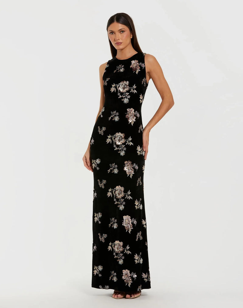Sleeveless Floral Embellished Velvet Evening Gown - Black