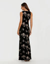 Sleeveless Floral Embellished Velvet Evening Gown - Black