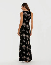 Sleeveless Floral Embellished Velvet Evening Gown - Black