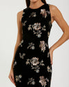 Sleeveless Floral Embellished Velvet Evening Gown - Black