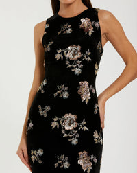 Sleeveless Floral Embellished Velvet Evening Gown - Black
