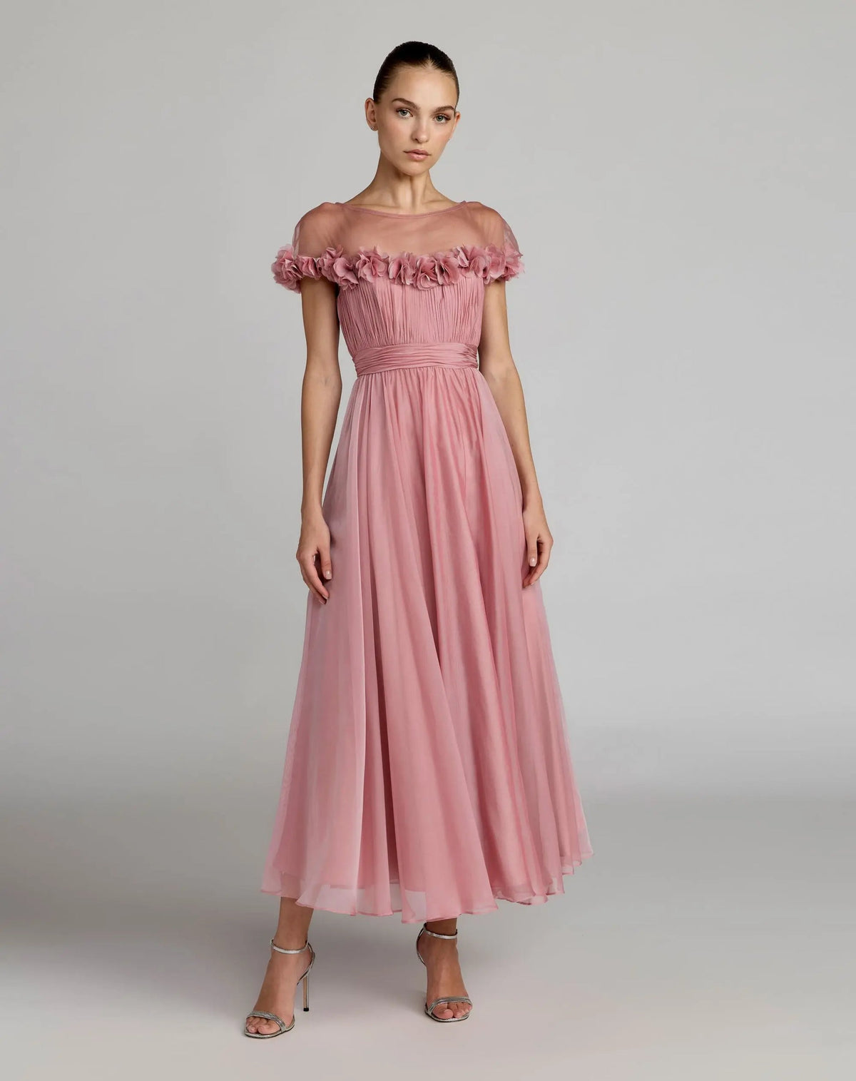 Mac Duggal Pink Chiffon Illusion Neck Midi Dress With 3D Flowers #68966 Rose Gold