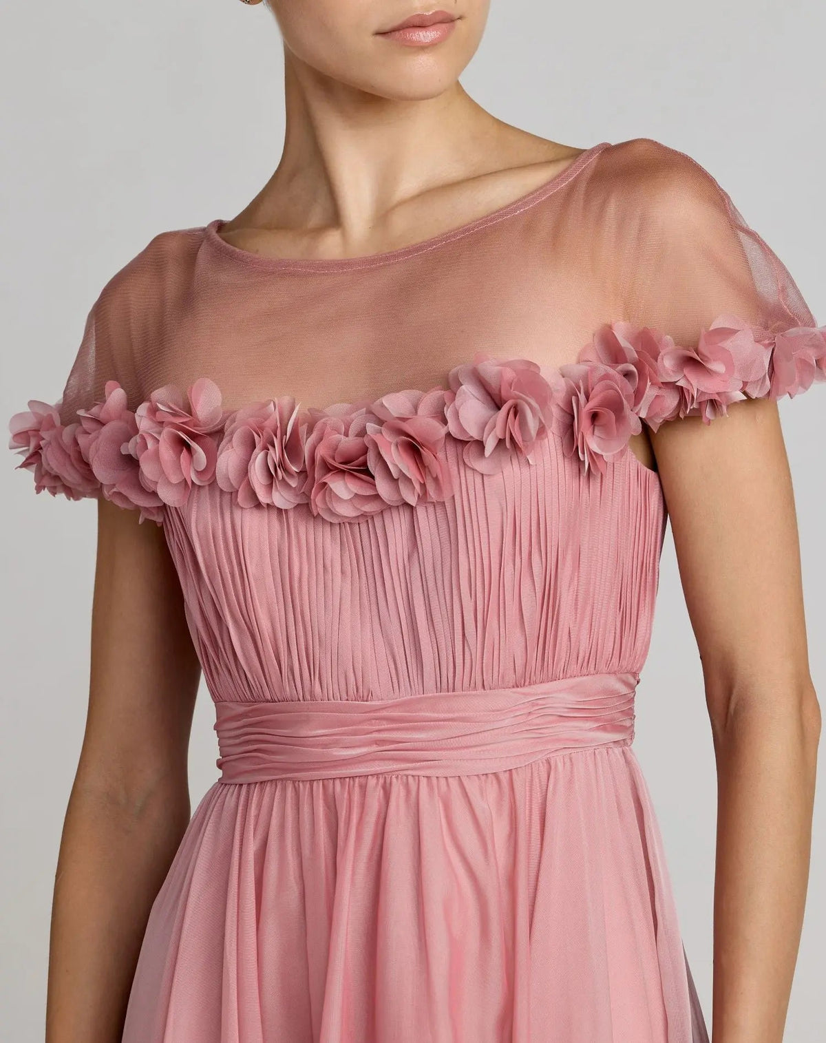 Rose-gold-chiffon-midi-dress-with-floral-applique-neckline-front