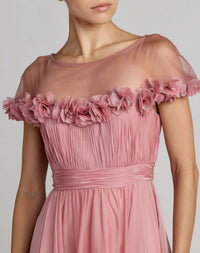 Rose-gold-chiffon-midi-dress-with-floral-applique-neckline-front