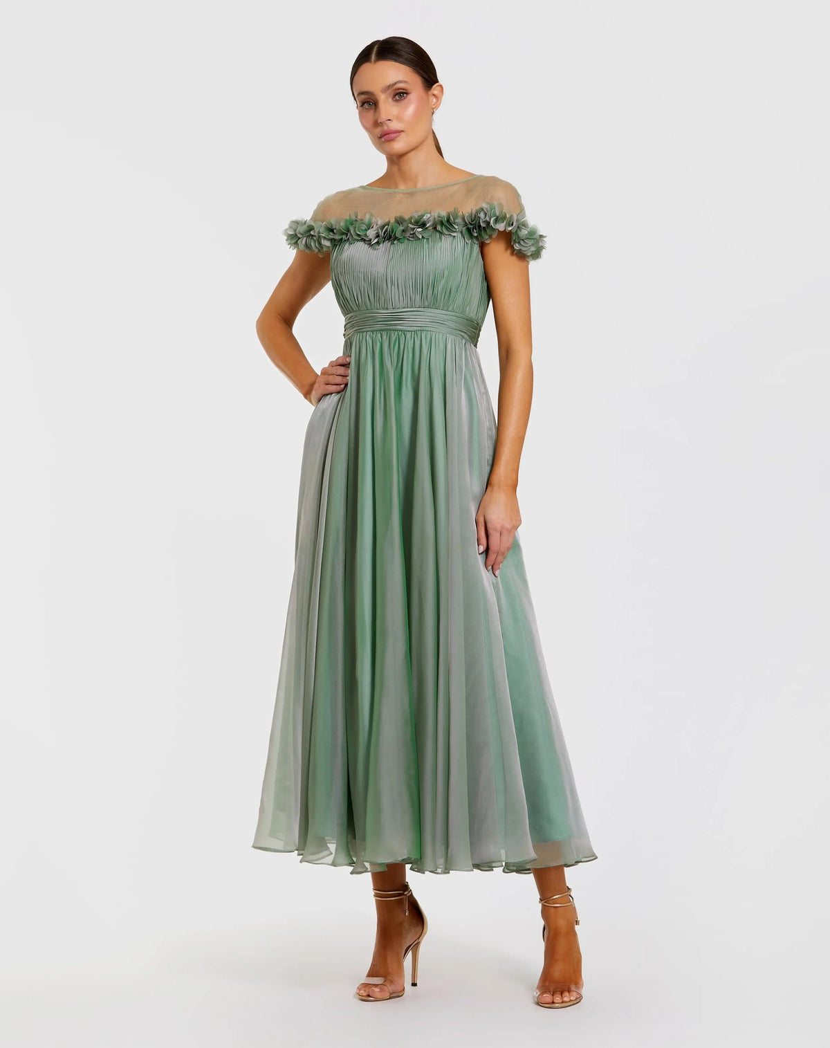 Sage-green-chiffon-midi-dress-with-floral-applique-neckline-front
