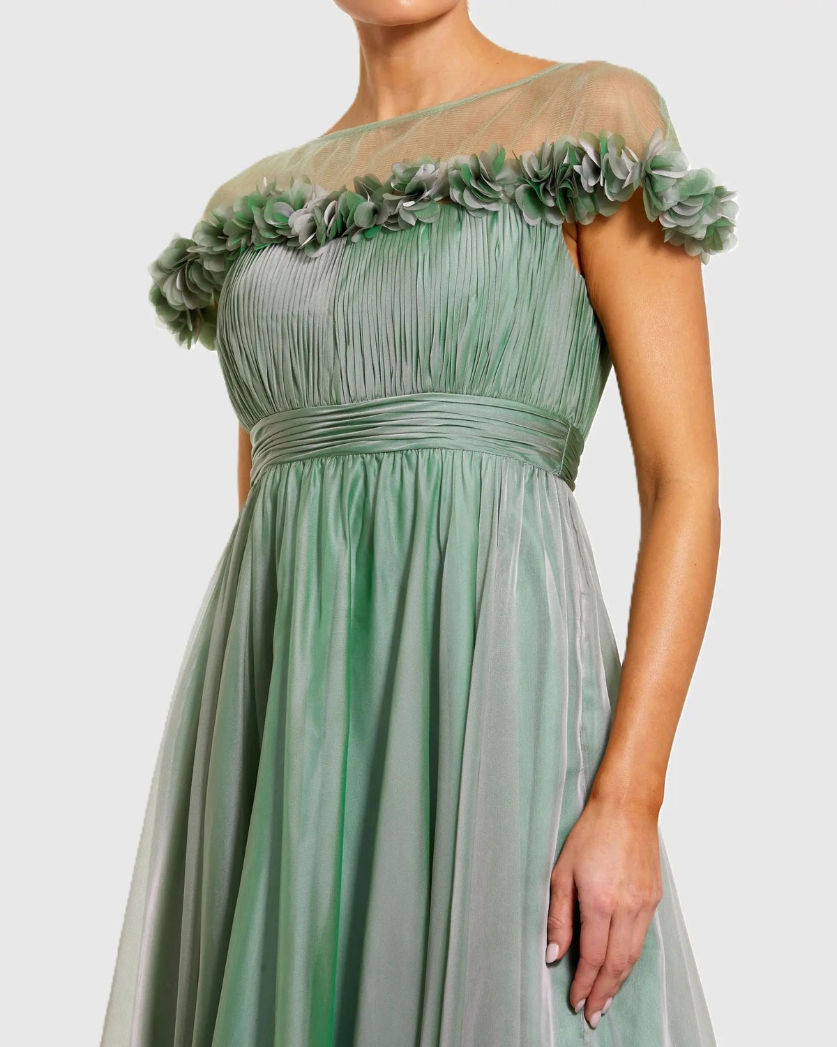 closeup-view-of-sage-green-A-line-midi-dress-with-sheer-yoke