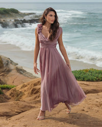 Mac Duggal #68967 antique rose chiffon cowl neck dress with 3d flowers