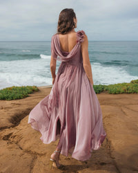 Mac Duggal #68967 antique rose chiffon cowl neck dress with 3d flowers